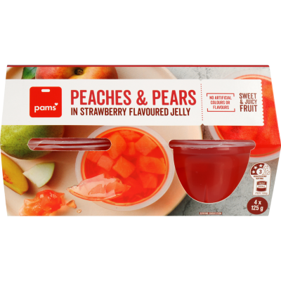 Pams Peaches & Pears In Strawberry Jelly Cups