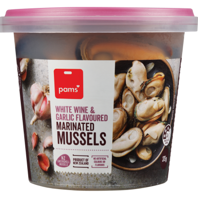 Pams White Wine & Garlic Flavoured Marinated Mussels