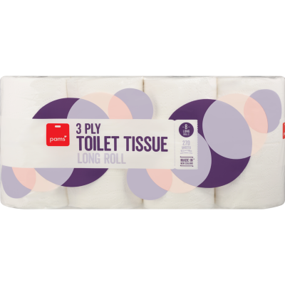 Pams 3 Ply White Long Roll Toilet Tissues